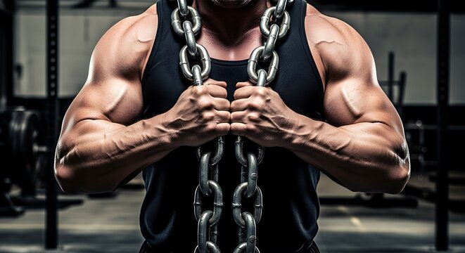 Strength and Determination of a Muscular Man Holding Heavy Chains in a Gym