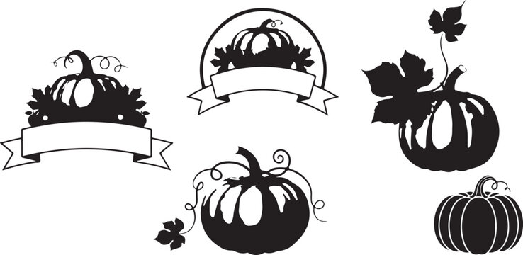Set of black pumpkin silhouettes with decorative banners and autumn leaves for seasonal designs