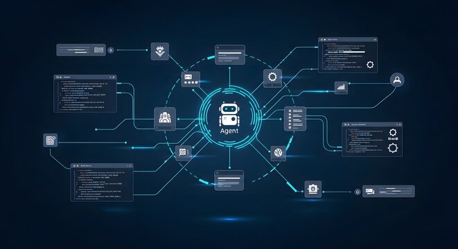 Abstract technological data network with robot icon