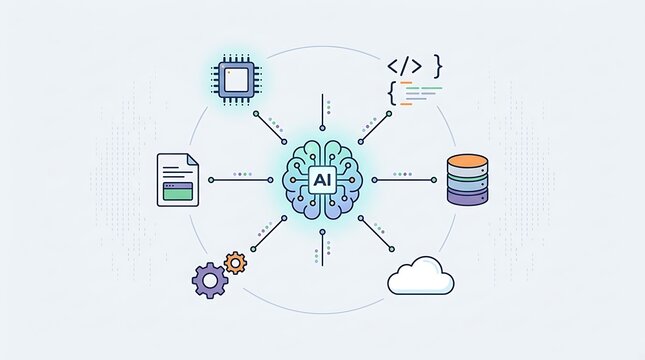 Minimalist ai agent concept featuring central brain connected to cpu code database cloud and settings on light background