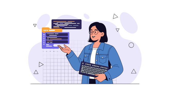 Woman programmer with keyboard and code displays, vector illustration representing coding, software development, and IT career.
