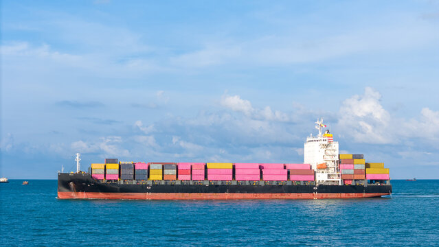 cargo container ship carrying container and running for export goods from cargo yard port to custom ocean concept smart freight shipping by ship , webinar banner. forwarder mast