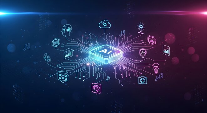 Artificial intelligence chip with technology network icons