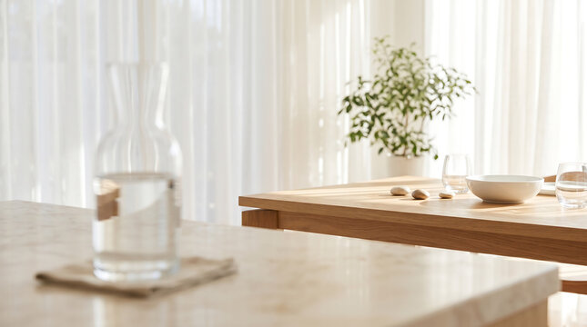 High End Wellness Interior with Natural Morning Light Marble Surface and Glass Carafe