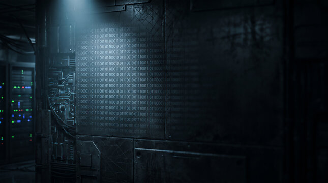 Grungy cyber security data center background with illuminated binary data code on steel wall
