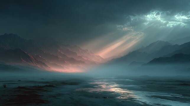 Dramatic mountain scene with sunbeams cutting through a stormy sky