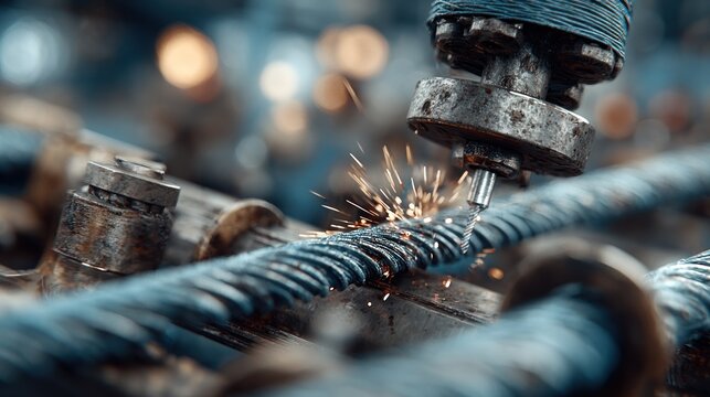 Machine cutting cable with sparks flying, close-up, selective focus