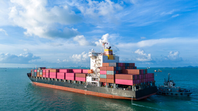 cargo container ship carrying container and running for export goods from cargo yard port to custom ocean concept smart freight shipping by ship , webinar banner. forwarder mast