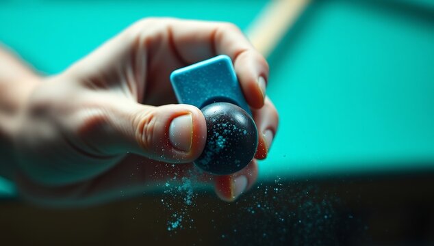Hand applying chalk to a pool cue tip on a vibrant teal billiard table