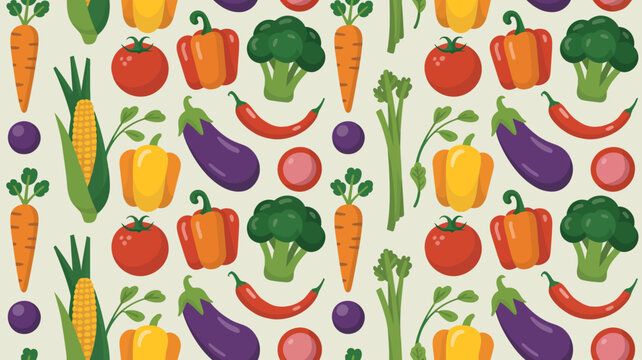 Colorful repeating pattern of assorted fruits and vegetables with leafy greens