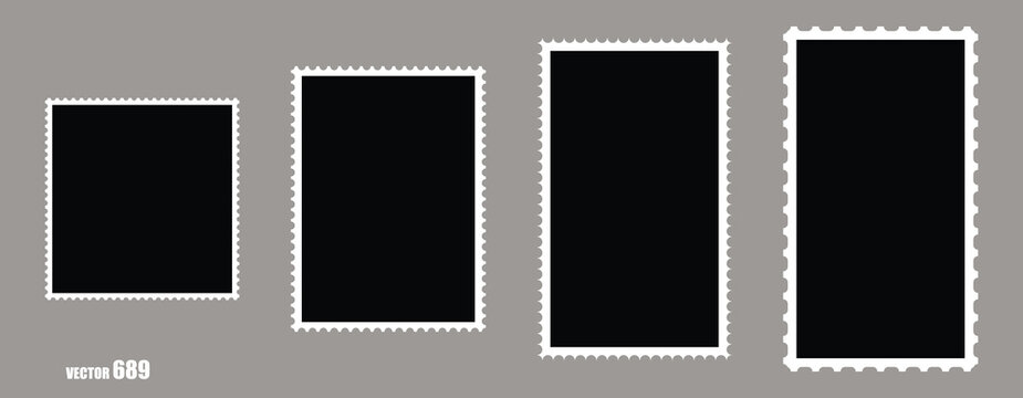 Set of blank empty postage stamp frames different sizes for photos or pictures.