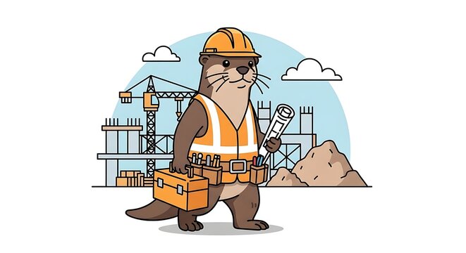 Cartoon Otter Construction Worker Holding Blueprint at Building Site
