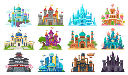 Colorful Castle Design Collection with Fairy Tale Medieval and Fantasy Style Fortresses Vector Illustration © MSTSUFIA