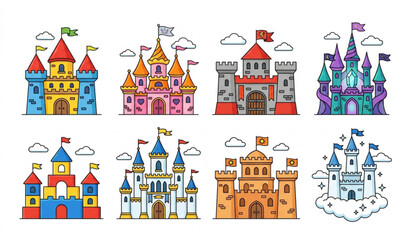 Diverse Colorful Fantasy Castles Collection Featuring Magical Medieval and Royal Palace Designs Vector Set © MSTSUFIA