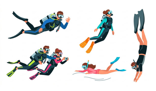 Underwater Diving Activity Characters with Scuba and Snorkeling Gear Male and Female Vector Set Isolated on White