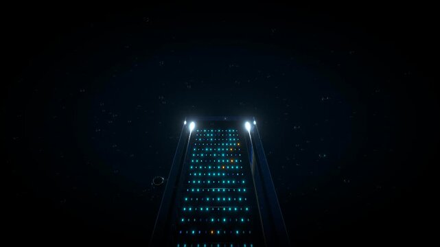 Seamlessly looping low angle view of a towering submerged server blade