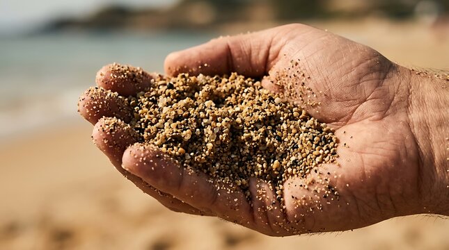 Close up of hand holding coarse sand and pebbles on a beach