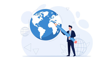 Naklejka premium Businessman drawing on a globe with a giant pencil, representing global planning, education, and business strategy.