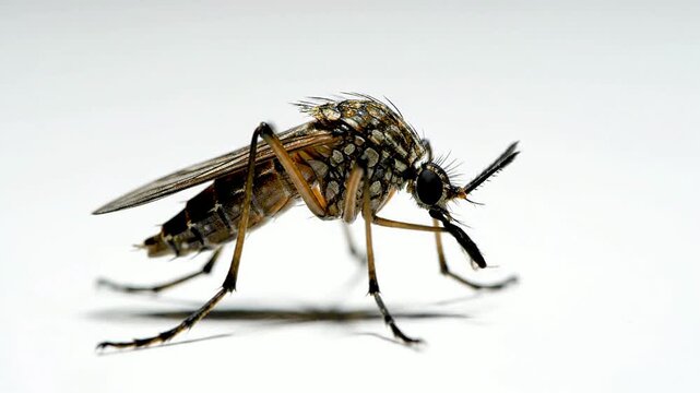 Close-Up View Of Mosquito Resting On Plain White Studio Surface With Intricate Details Ideal For Scientific Research And Educational Use