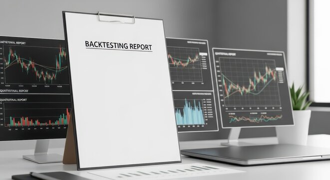 Backtesting Report on Computer Screens Showing Financial Trading Strategy Performance