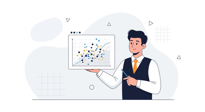 Businessman presenting a complex scatter plot graph with trend lines, indicating data analysis and business strategy in a modern flat illustration style.
