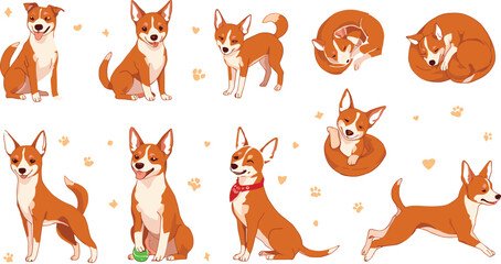 Fototapeta premium Playful Basenji Dog Character Bundle Showing Energetic Actions Like Running Sleeping and Playing Ball for Pet Care and Veterinary Industry Branding