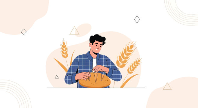 Farmer breaking bread with wheat ears in a modern flat vector illustration style, concept of harvest and organic food