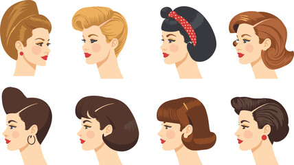 Retro Vintage Women Profile Portrait Vector Set with Mid-Century Pinup Hairstyle Looks Rockabilly Headbands and Classic Short Cuts for Retro Branding Projects © ArjunaAkter