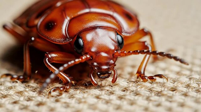 Extreme Macro Close-Up Of A Bed Bug With Moving Antennae On A Textured Fabric Background