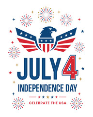 Obraz premium JULY 4 Usa Independence Day Greeting Card With American Eagle Crest And Fireworks Vector Poster Design EPS