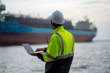 Marine engineer using a laptop to monitor fleet operations with a blurred container ship in the background. Concept of smart port management, digital maritime logistics, and supply  © Yellow Boat