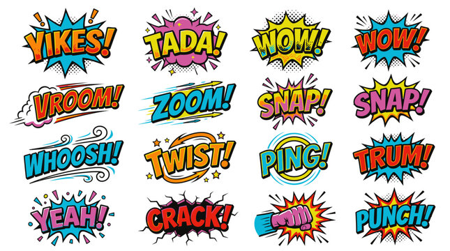 Expressive comic speech bubbles with Wow and Zoom text.