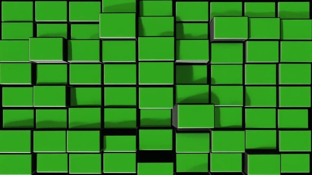 Animated green cubes slide in with shadows and tracker dots on screen