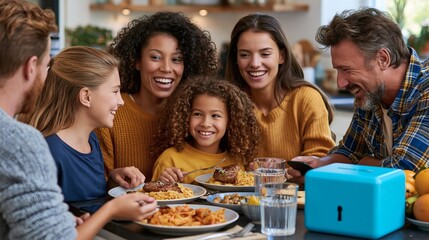 Fototapeta premium Happy diverse family sharing meal together at dining table, smiling and laughing. Multiracial family dinner at home, togetherness and bonding concept.