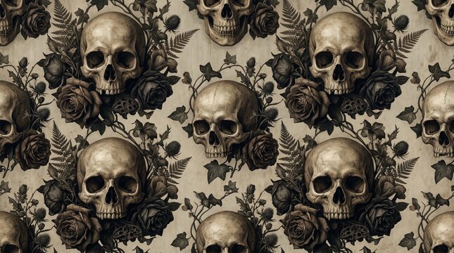 Antique Skull and Rose Seamless Pattern Background