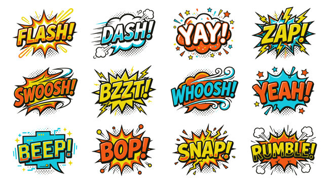 Flashy comic book sound effect bubbles with stars.