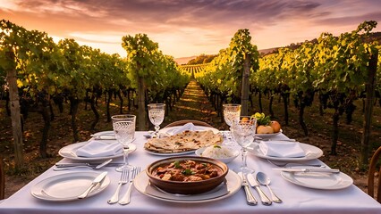 Fototapeta premium Elegant outdoor dining setup with gourmet dishes and wine.