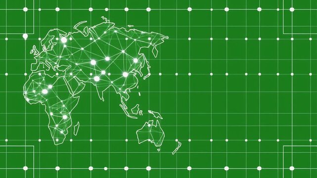 Animated neon circuit traces pulse outward on a global network map