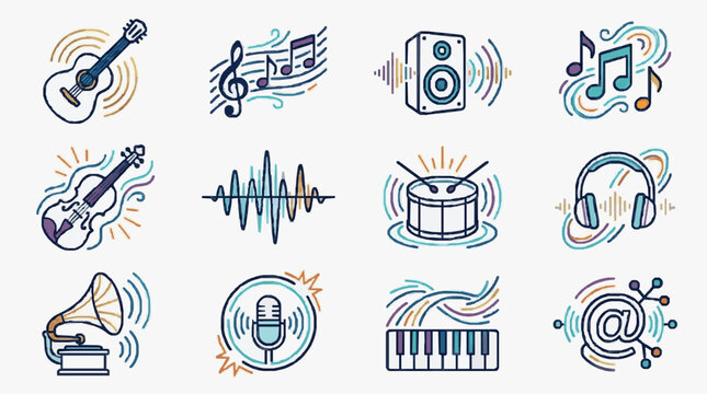 Illustrated collection of music and audio icons.