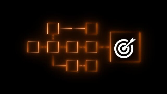 Business goal achievement, workflow and process automation flowchart. Glowing neon representing work process management and target icon on blue background.4k motion graphics video animation