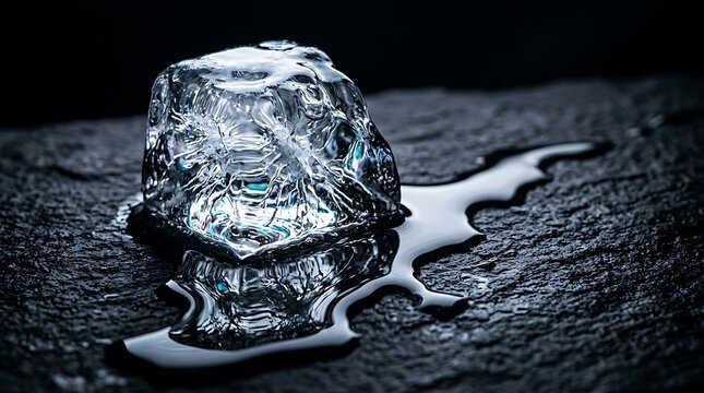 Melting clear ice cube on a dark textured stone surface