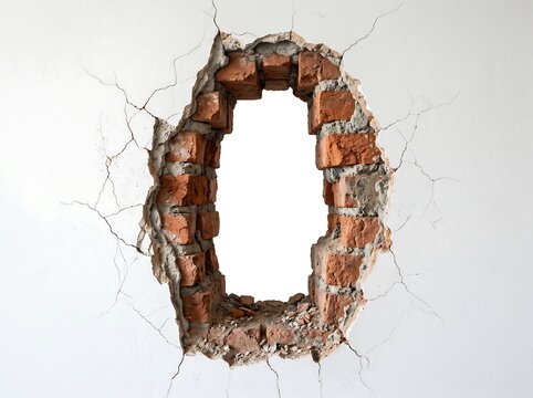 Large hole in a white plaster wall revealing old red bricks, concept of breakthrough, renovation or destruction