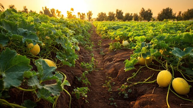 fertile. A sunlit field is filled with ripe melons on twisting vines. tutorial guides, club newsletters, designed for tourism and weekend activity guides, supports event promotion.