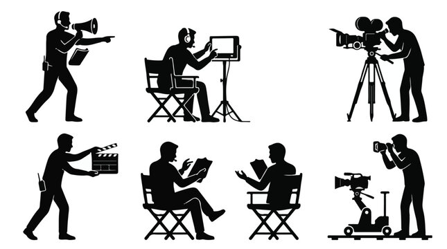 Six Film Directors Silhouettes Working on Set with Cameras and Chairs in Black and White Style
