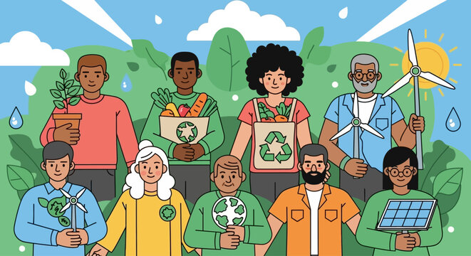 Ilustra&ccedil;&atilde;o de um grupo diverso de pessoas promovendo a sustentabilidade e a prote&ccedil;&atilde;o ambiental com elementos como plantas, reciclagem e energia renov&aacute;vel.