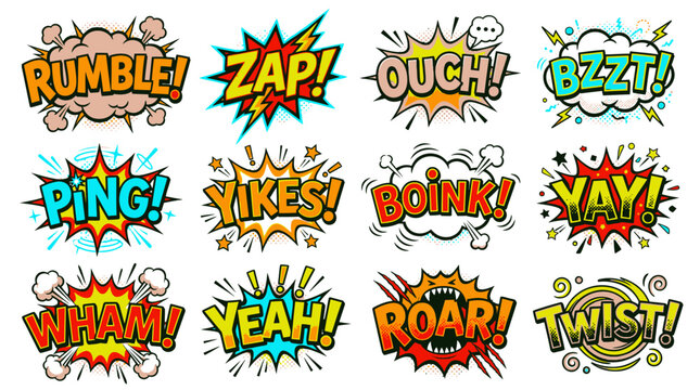 Cartoon sound effect stickers including rumble zap and roar expressions.