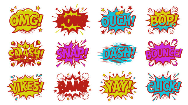 Expressive comic book sound bubbles including Ouch and Snap.
