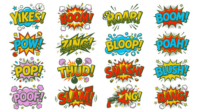 Fun comic book sound effect bubbles and word icons.