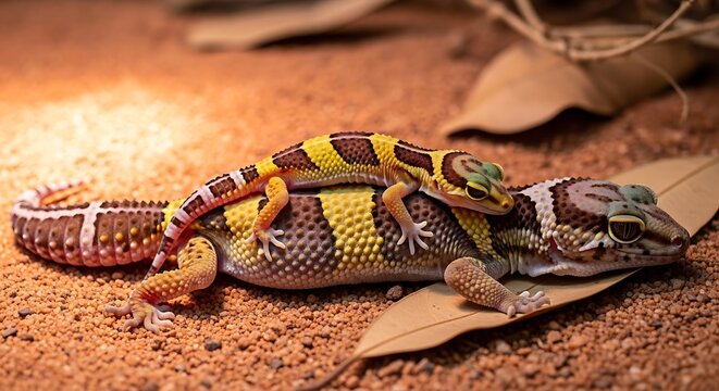 Colorful Leopard Geckos Resting on Sandy Terrarium Floor with Dry Leaves
