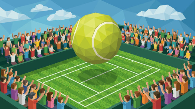 Uma enorme bola de t&ecirc;nis geom&eacute;trica flutua sobre uma quadra verde, cercada por uma multid&atilde;o animada de espectadores em um est&aacute;dio.